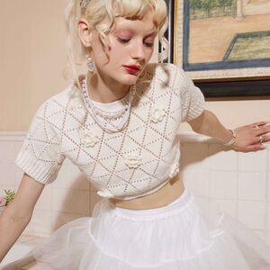 Cider cropped floral embellished knit short sleeve sweater sz small / medium